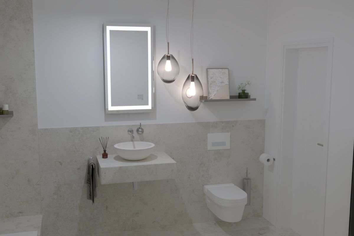 kleines Bad mit beleuchtetem Spiegelschrank