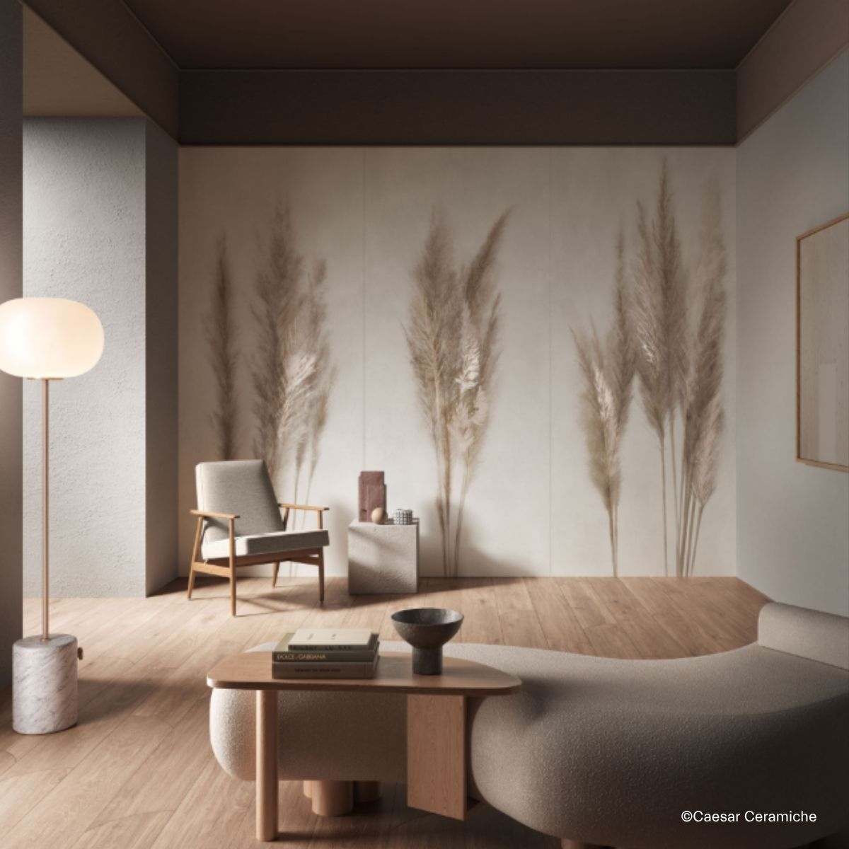 caesar-ceramiche-deco-solutions minimalistisches, weiß-beiges Wohnzimmer mit großem gefliesten Bild an der Wand
