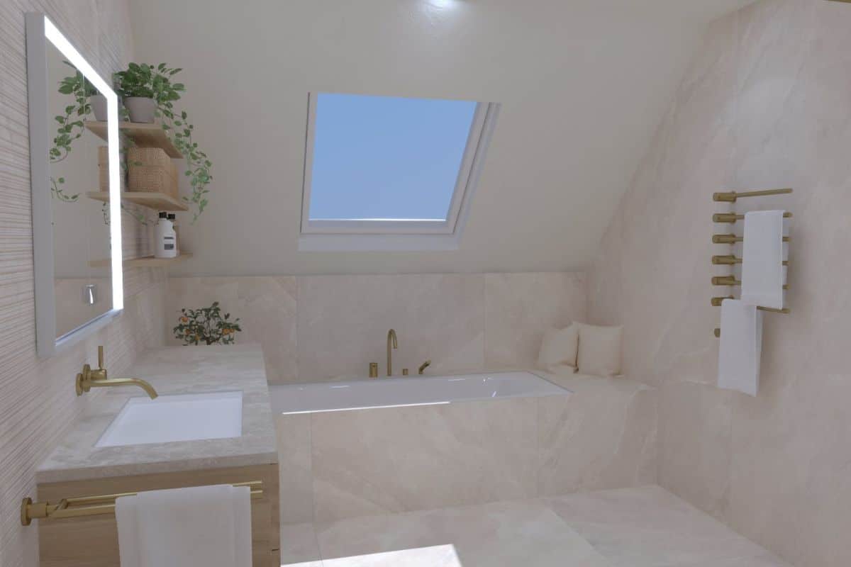358 hell gestaltetes Badezimmer mit einer großen Badewanne unter der Dachschräge