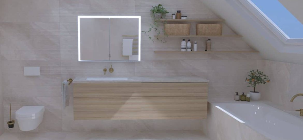 modernes Bad mit Dachschräge, bei dem eine Badewanne am Kniestock platziert wurde und helle Farben für eine wohnliche Atmosphäre sorgen