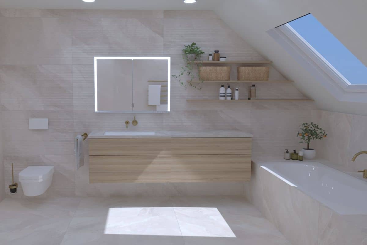 359 modernes Bad mit Dachschräge, bei dem eine Badewanne am Kniestock platziert wurde und helle Farben für eine wohnliche Atmosphäre sorgen