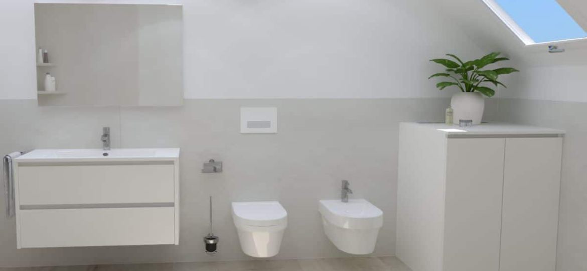 Badezimmer, bei dem der Platz unter der Dachschräge für Stauraum genutzt wurde, indem dort eine Waschmaschine platziert wurde