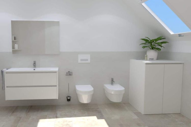 Badezimmer, bei dem der Platz unter der Dachschräge für Stauraum genutzt wurde, indem dort eine Waschmaschine platziert wurde