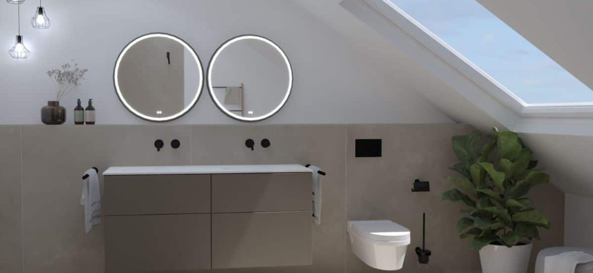 Halbhoch gefliestes Bad mit viel Tageslicht durch ein großes Dachfenster und viele kleine künstliche Lichtquellen in Form von Hängelampen und Spiegelbeleuchtungen (Quelle: Badplanungsstudio Krüger Hannover)