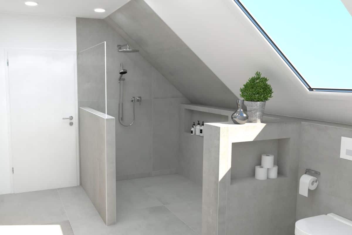 370 modernes, schlichtes Bad mit Walk-in-Dusche unter einer Dachschräge