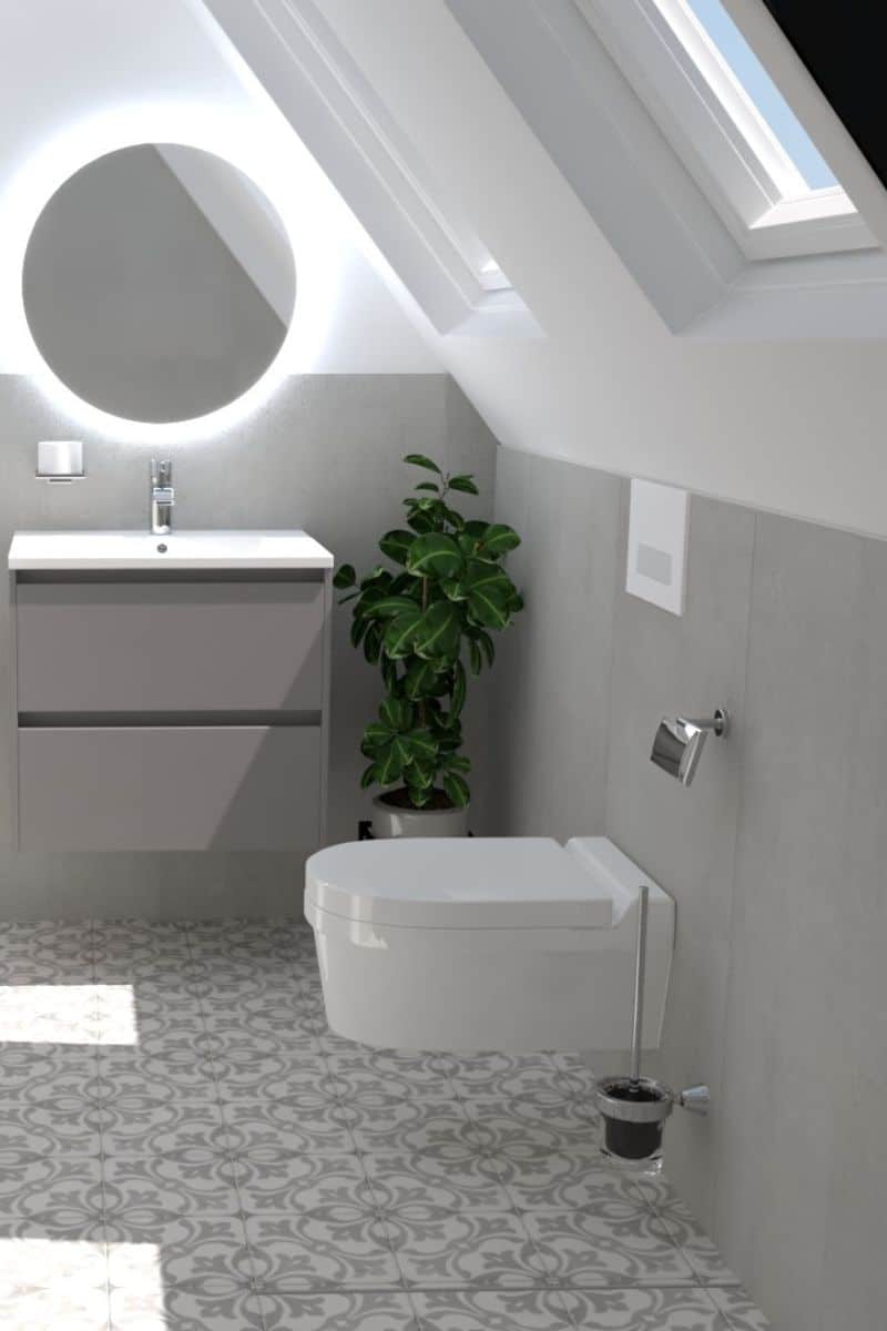 72 Badezimmer mit Toilette und Waschtisch unter der Dachschräge