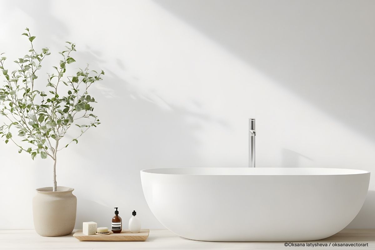 Fugenloses Bad mit weißer Wand und weißer freistehender Badewanne, daneben eine Bodenpflanze