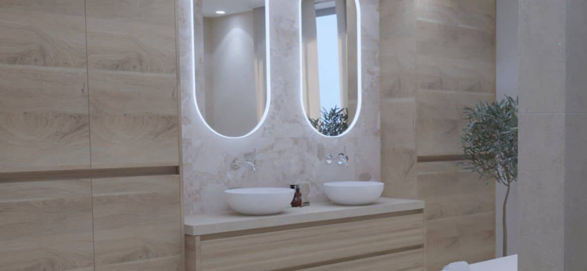 Visualisierung aus dem Krüger Hannover Badstudio, das ein modernes Schlauchbad in hellen Farben mit doppeltem Waschtisch, vielen Stauraummöglichkeiten in Holzoptik und einer freistehenden Badewanne enthält