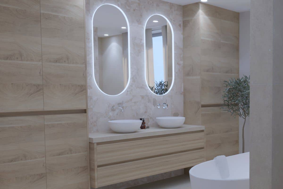 krueger-hannover-modernes-schlauchbad Visualisierung aus dem Krüger Hannover Badstudio, das ein modernes Schlauchbad in hellen Farben mit doppeltem Waschtisch, vielen Stauraummöglichkeiten in Holzoptik und einer freistehenden Badewanne enthält