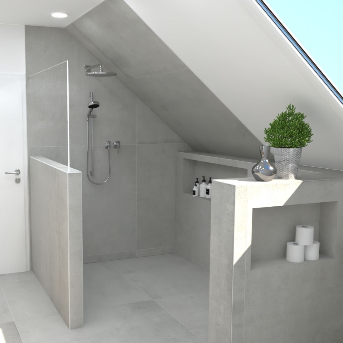 digitale Visualisierung aus dem Krüger Hannover Badstudio, das eine geräumige Walk-In-Dusche unter einer Dachschräge zeigt, abgegrenzt mit halbhohen baulichen Trennwänden, eine davon mit Glasaufsatz