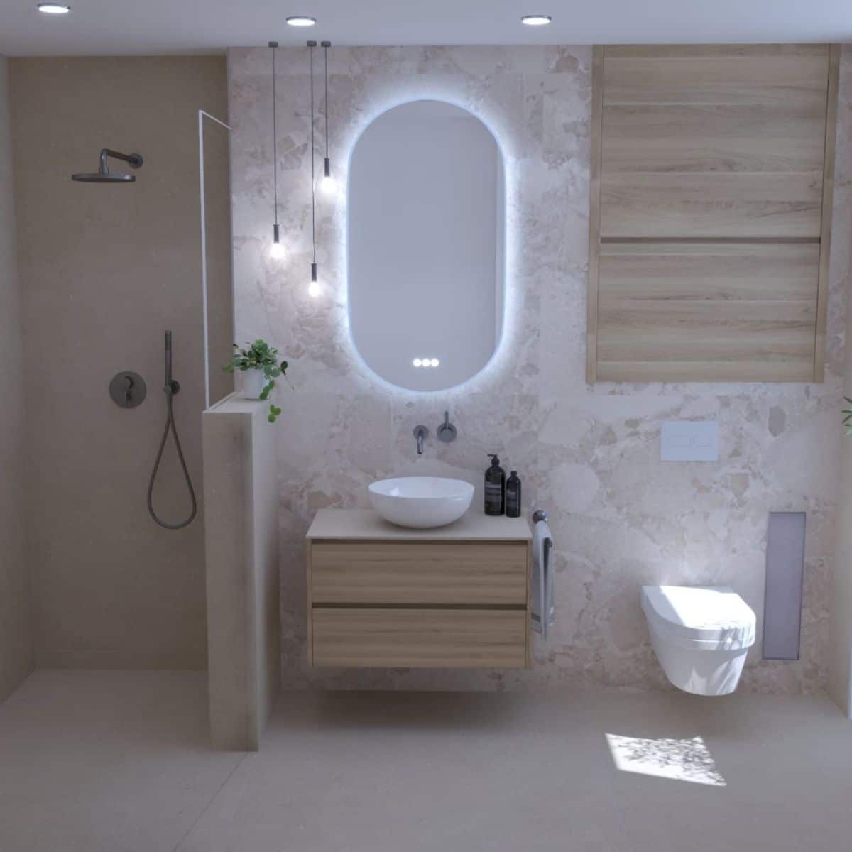 längsseitig-platzierte-sanitaerelemente Visualisierung aus dem Krüger Hannover Badstudio: Kleines Schlauchbadezimmer, in dem die Sanitärelemente an der langen Seite des Raums angeordnet sind