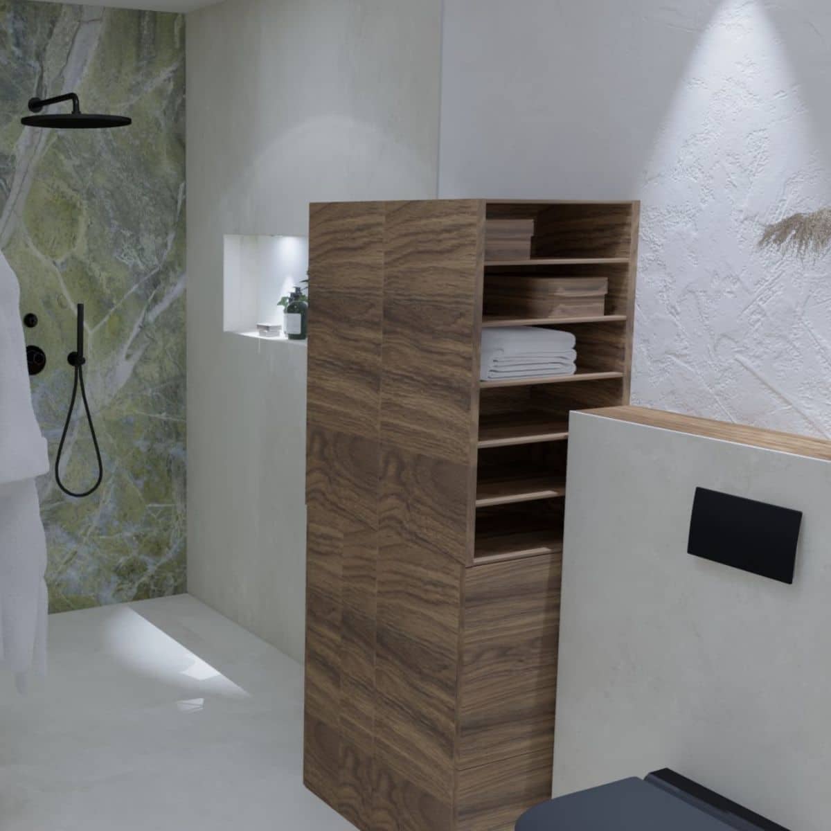 stirnseitige-dusche Visualisierung aus dem Krüger Hannover Badstudio: Schmales Bad, in dem an der Stirnseite eine offene Dusche mit grüner Akzentwand platziert ist