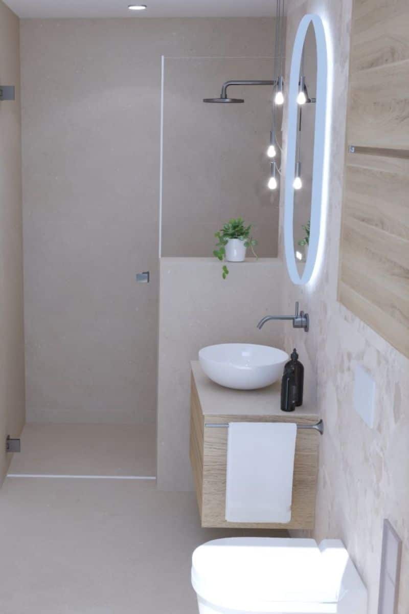 typisches-schlauchbad Visualisierung eines modernen Badkonzeptes in einem typischen Schlauchbad mit WC, kleinem Waschtisch und Spiegel sowie einer ebenerdigen Walk-In-Dusche, die an der Längsseite des Raumes angeordnet sind