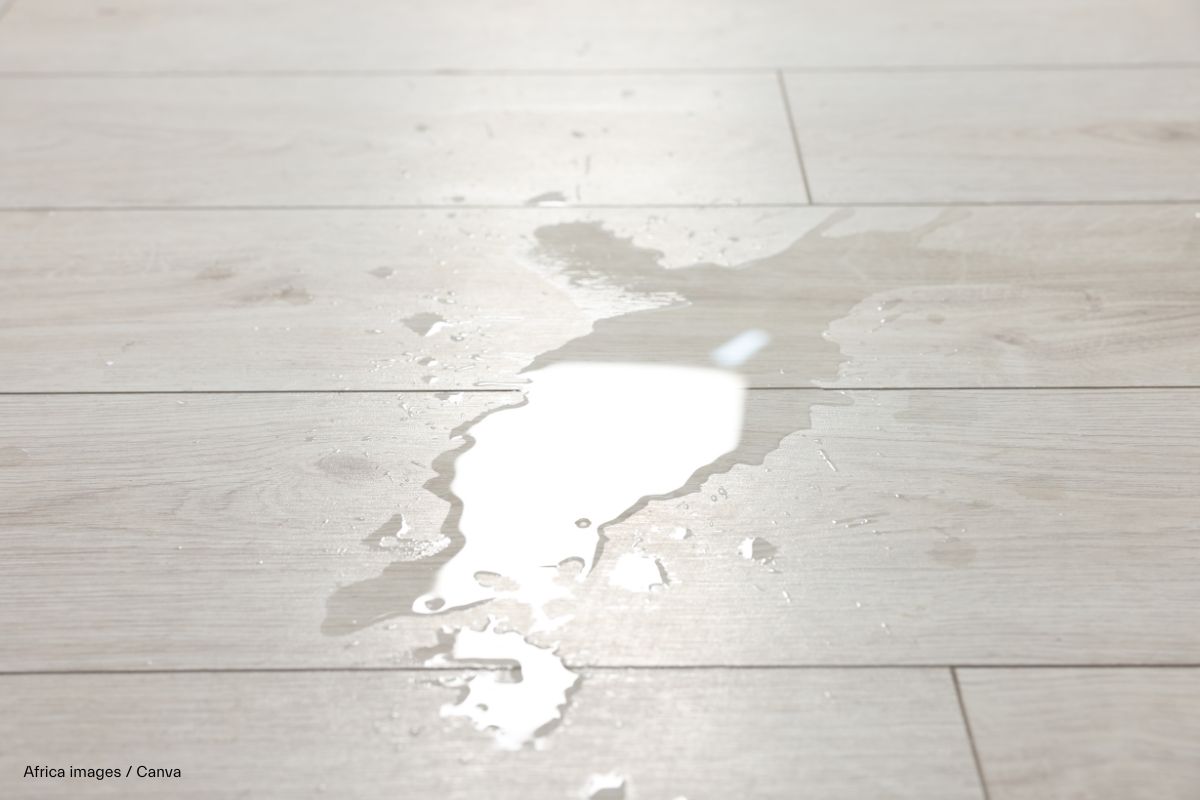 Wasserpfütze auf wasserdichten Fliesen in Holzoptik