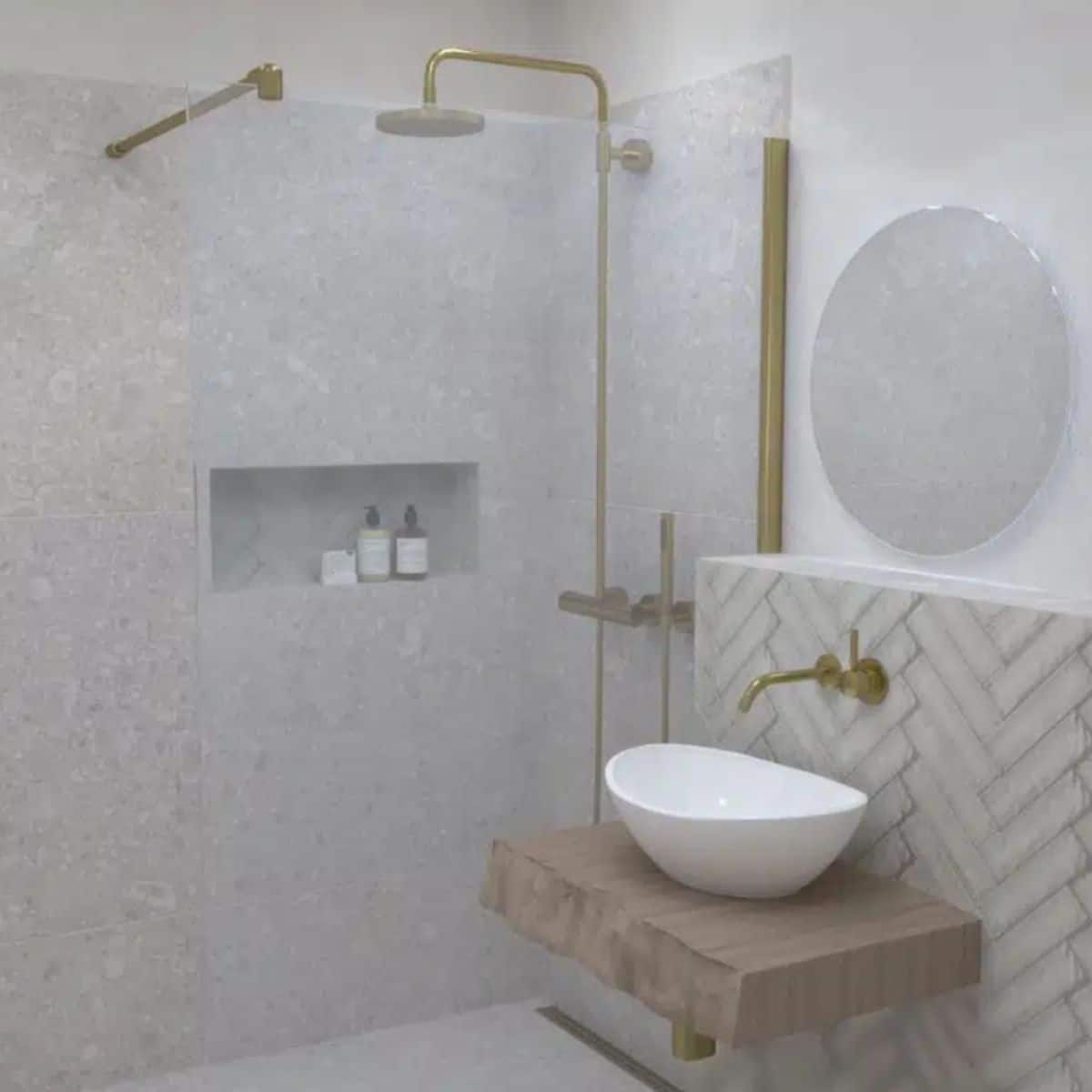 Visualisierung aus dem Krüger Hannover Badstudio zu einem hellen, modernen Badezimmer mit Walk-In-Dusche und einer integrierten Wandnische für Duschzubehör wie Shampoo und Duschgel