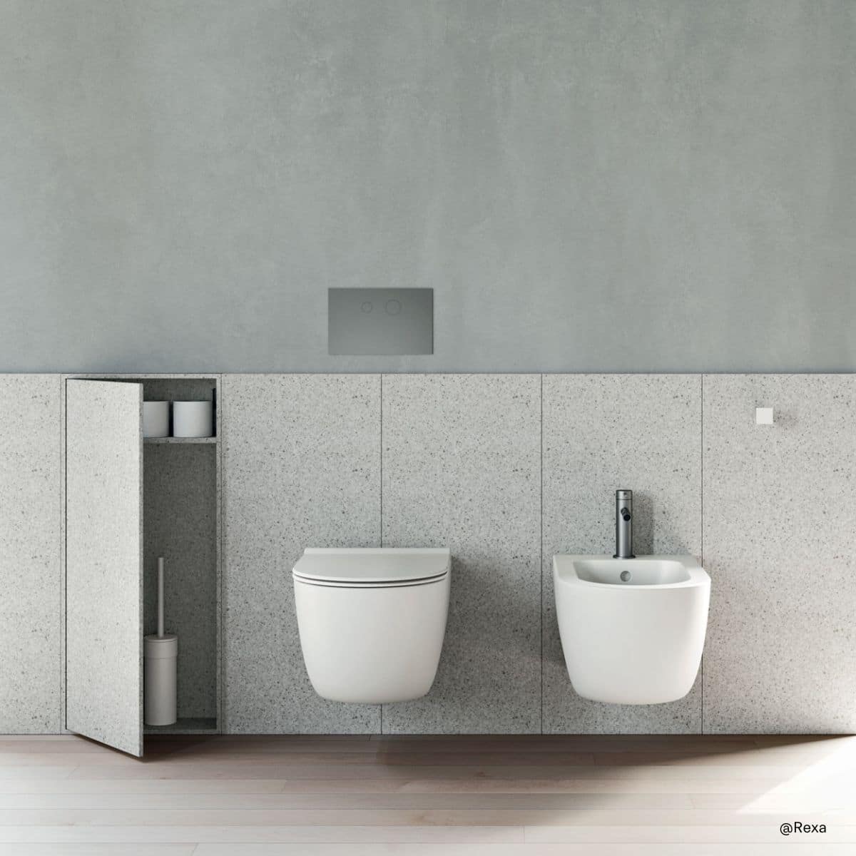 schlichte graue Rexa Slide Unterschränke im Bad neben WC und Bidet mit Stauraum für Klobürste und Toilettenpapier-Vorrat