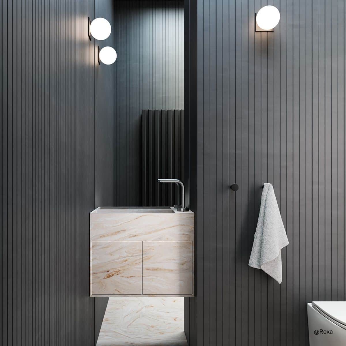 Kleiner Waschbereich in einem Mini-Bad oder Gäste-WC mit Rexa Unico Handwashbasin vor dunklem Hintergrund