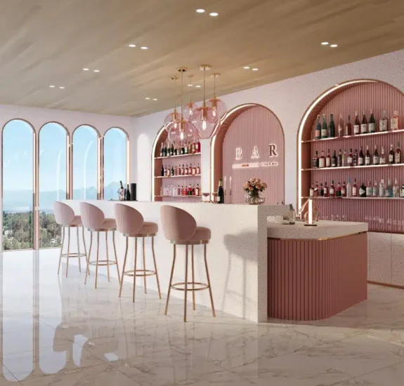 Bar, gestaltet mir Terrazzooptik-Platten von HIMACS aus der Kollektion Terrazzo Marsala