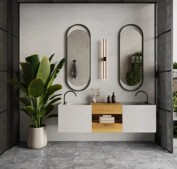 Badezimmer in Graut&ouml;nen gestaltet mit HIMACS Platten der Serie Aurora Stone Grey