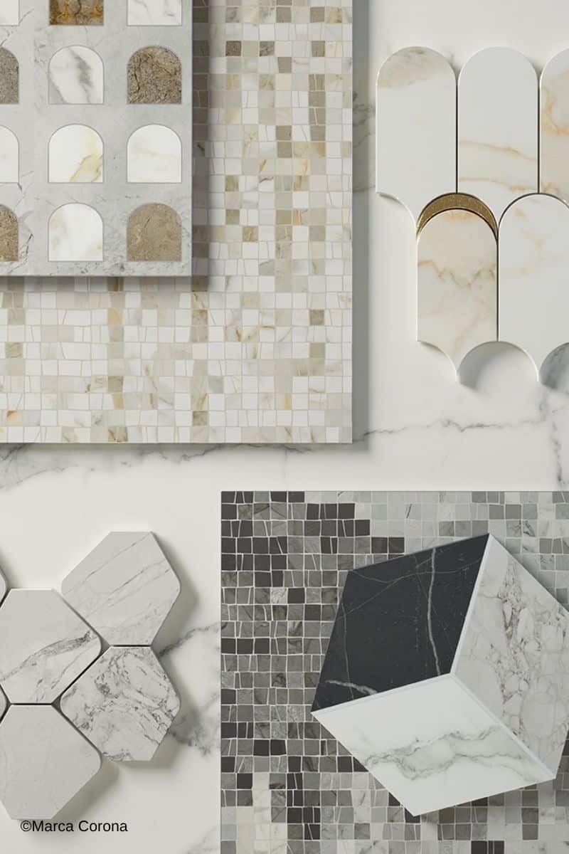 Moodboard der Marca Corona Sculturea Marmoroptik-Fliesen in den verschiedensten Farbnuancen und Fliesenformaten bzw. -gr&ouml;&szlig;en