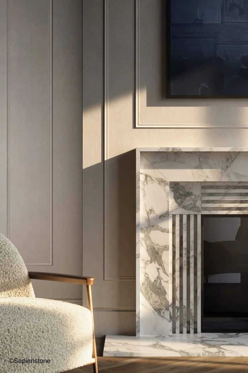 Sapienstone Marmoroptik-Fliesen aus der Kollektion Arabescato als Kaminsims