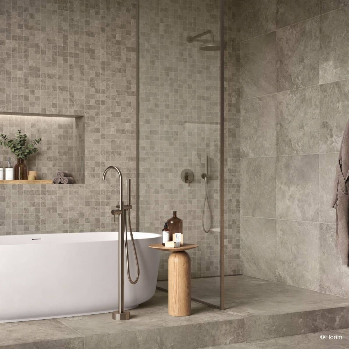florim-nature-mood Dusche gestaltet mit Natursteinoptik-Fiesen der Serie Nature Mood von Florim